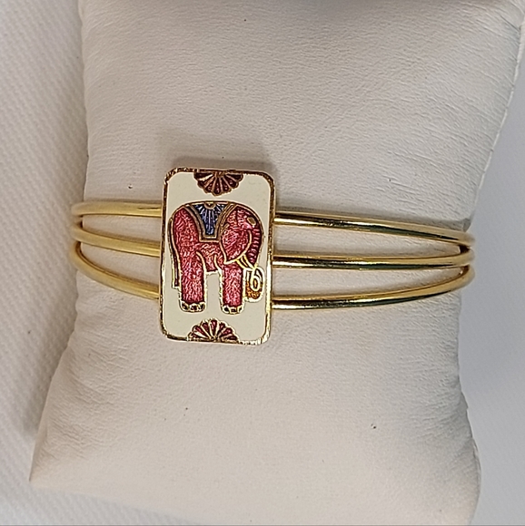 Enamel Elephant Triple Wire Gold Tone Open Cuff Bracelet - Picture 5 of 7